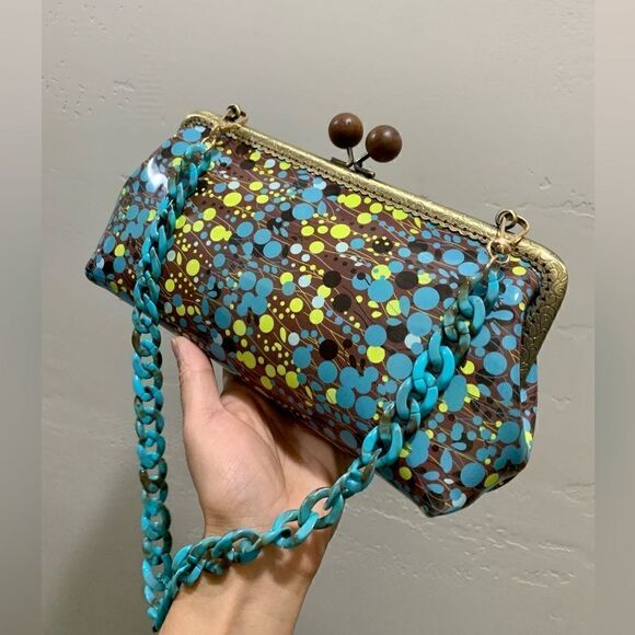 Handsewn Genuine Leather Wooden Ball Kisslock Clutch/Shoulder Bag/Crossbody - Picture 6 of 16